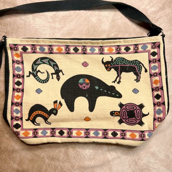 Vintage 90s El Paso Saddle Blanket Tapestry Animal Folk Art Shoulder Bag Zip Up - Picture 2 of 6